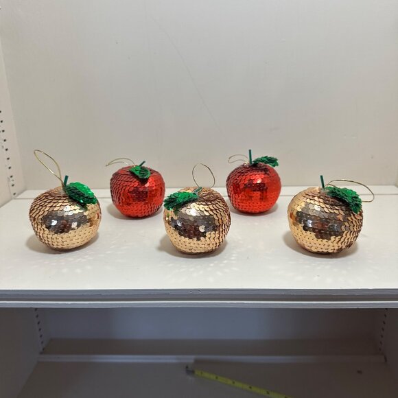 Handmade Vintage Sequin Apple Christmas Ornaments Set Of 5 Gold & Red - Picture 14 of 16